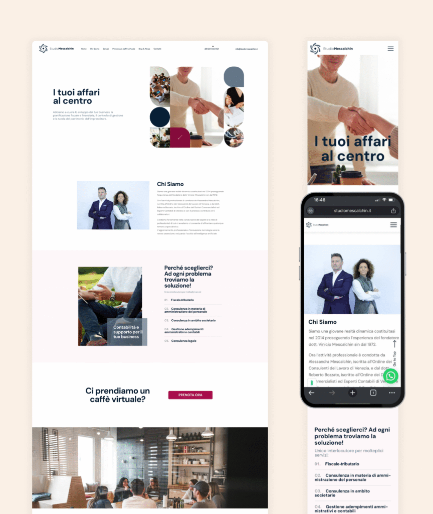 A sinistra, screenshot del sito visto da desktop, a destra sito visualizzato da mobile.